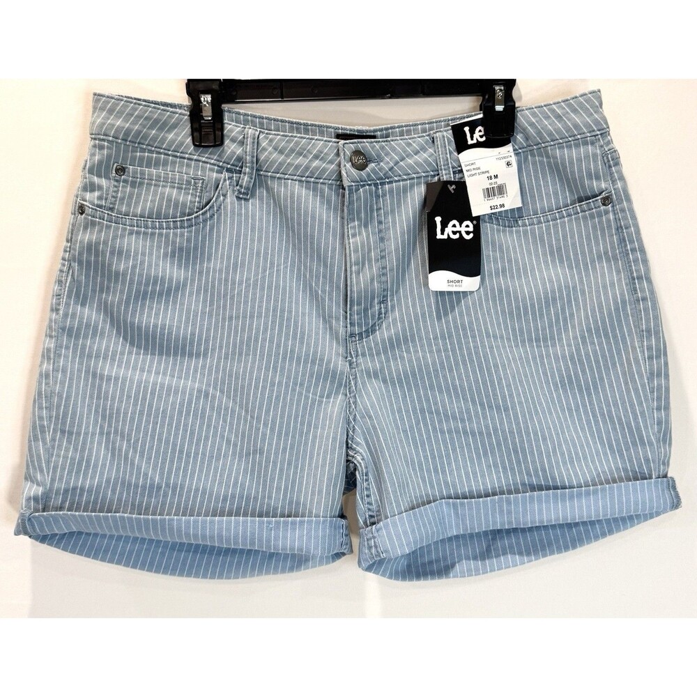 Women’s Plus Size 18 Lee Shorts Light Blue Striped Mid-Rise Stretch Cuffed